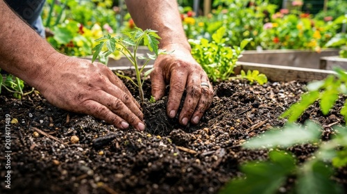 Gardening hands planting seedlings in soil with care, nurturing green plants in wooden boxes. Gardening activity involves hands preparing soil for young plants with love and attention.