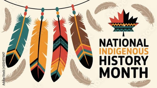National Indigenous History Month graphic with traditional feathered decorations and a stylized maple leaf, celebrating cultural heritage.