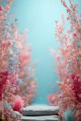 A mockup featuring a product display platform surrounded by delicate pastel flowers and a dreamy pastel blue-pink floral background.
