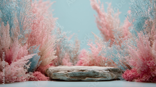 A mockup featuring a product display platform surrounded by delicate pastel flowers and a dreamy pastel blue-pink floral background.
