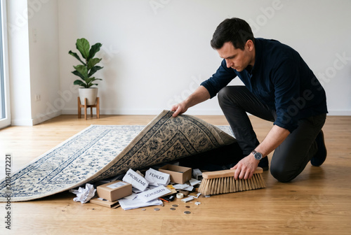 Ein Mann kehrt Probleme unter den Teppich, Redewendung „etwas unter den Teppich kehren“