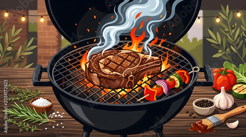 Barbecue grill with sizzling steak, veggie kebab, and fresh herbs, flat vector illustration for restaurant menu or advertising.