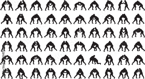 Tableau sur toile Collection of black silhouettes depicting various wrestling and grappling poses in a grid pattern