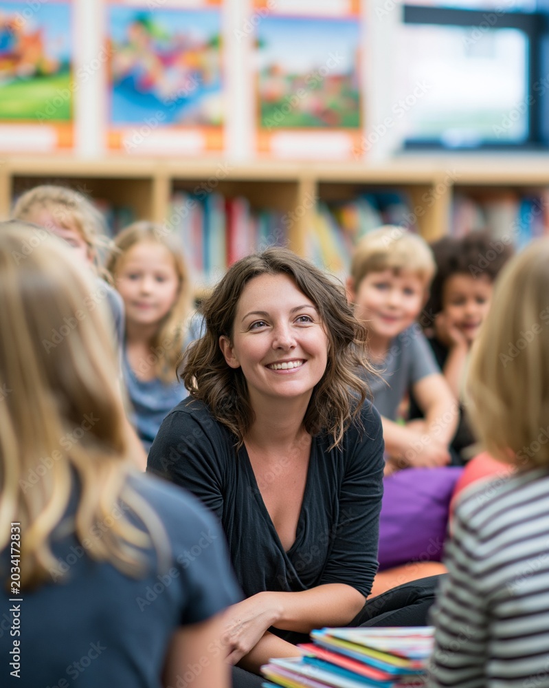 Obraz premium Educator leading kids in a lively schoollibrary space focus on expressions around stacked books blurred posters and cozy mats enhance the candid lightfilled atmosphere.