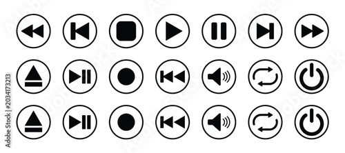 Tableau sur toile Audio and video control buttons with play, pause, stop, and volume signs isolated on white background