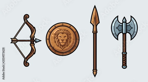 Fényképezés Medieval weapons set with bow shield spear and axe.