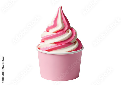 Delicious scoops of pink and white swirled soft serve ice cream in a cone isolated on transparent background