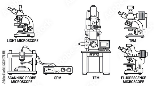 Foto Professional laboratory microscope equipment line icon set.