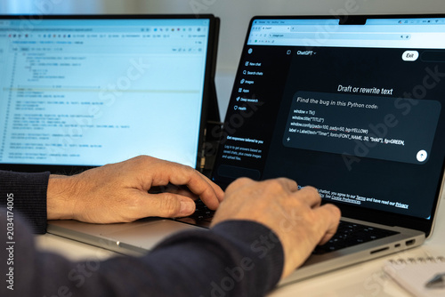 Milan, Italy 3/19/2026 Programmer hands typing on laptop keyboard using ChatGPT artificial intelligence software to find bugs in Python code with dual monitor setup for modern software development