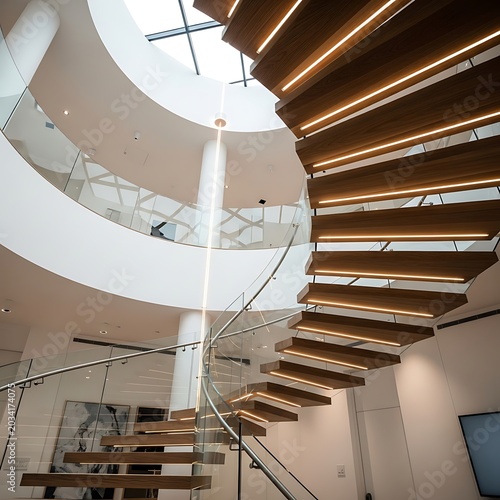 Modern Spiral Staircase Interior Design with Wooden Steps.