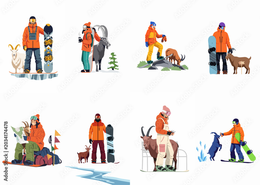 Fototapeta premium Set of illustrations featuring snowboarders and skiers in winter gear interacting with mountain goats in various snowy landscapes.