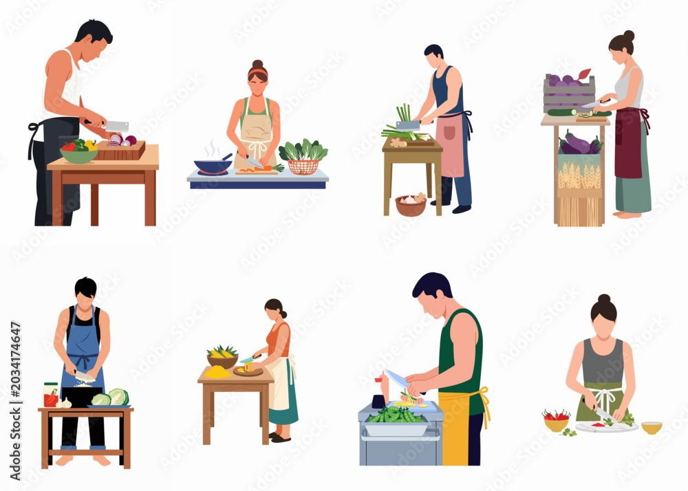 Fototapeta premium Collection of flat illustrations depicting various people in aprons preparing fresh vegetables and cooking healthy meals in diverse kitchen settings.