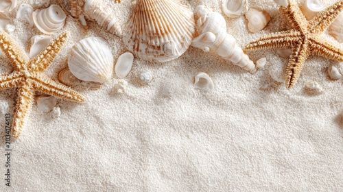 Sandy beach with white and beige seashells and starfish creating natural textured background for summer holiday, tropical vacation, coastal travel and seaside relaxation concept