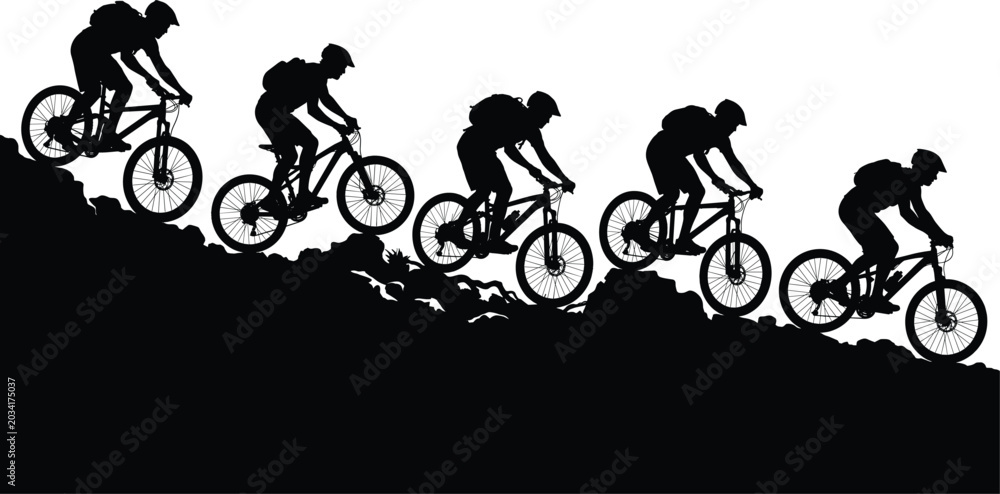 Fototapeta premium Mountain biker downhill riding on rocky trail silhouette sequence isolated illustration for extreme sports adventure concept