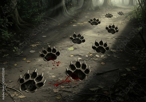 Mysterious Animal Tracks in Foggy Forest Path.