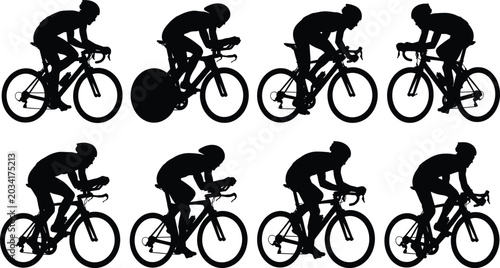 Cyclist silhouette collection with racing bicycles isolated on white background professional road cycling sport vector set