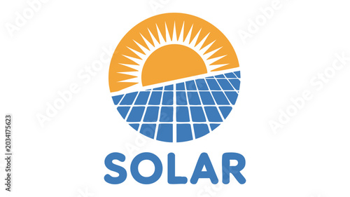 Logo Flat Design Depicting a Sunrise Over a Solar Panel Array, with the Word 'Solar' Written Below in Blue Capital Letters