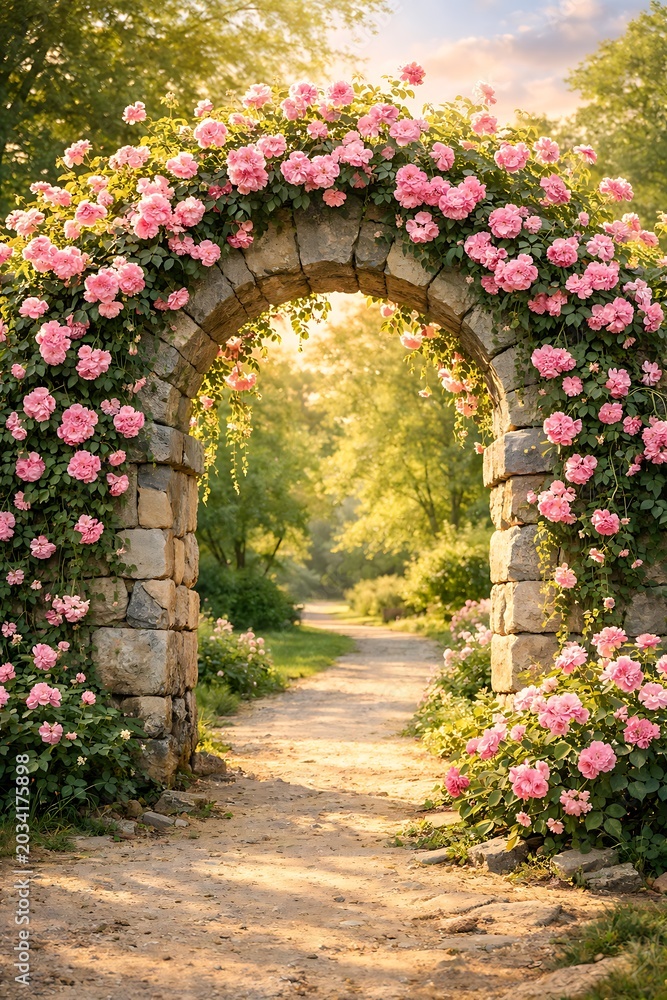 Fototapeta premium Stone garden arch covered in beautiful blooming pink roses