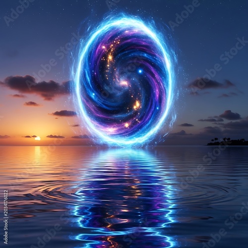 Mystical Portal Over Ocean at Sunset with Vibrant Energy Swirl.