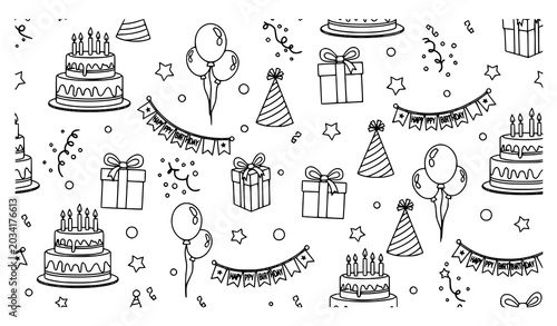 Whimsical black and white seamless birthday pattern with gifts, cakes, balloons, and party decorations
