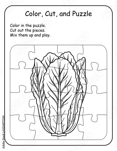 Printable fruits and vegetables coloring puzzle worksheets for preschool and pre-k classrooms. Children color, cut, and rebuild each produce puzzle, building fine motor skills and spatial thinking.