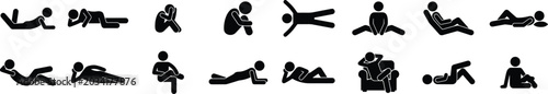 Fotografía Minimalist stick figure icons of people lying down, 16 vector silhouettes in var
