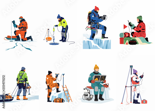 Billede på lærred Vector set of diverse scientists and researchers performing arctic expeditions, geological studies, and meteorological observations in extreme polar conditions