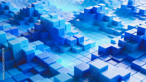 This 3D rendered abstract background features a grid of stacked blue cubic blocks, creating a layered, futuristic geometric digital scene with soft lighting and depth.