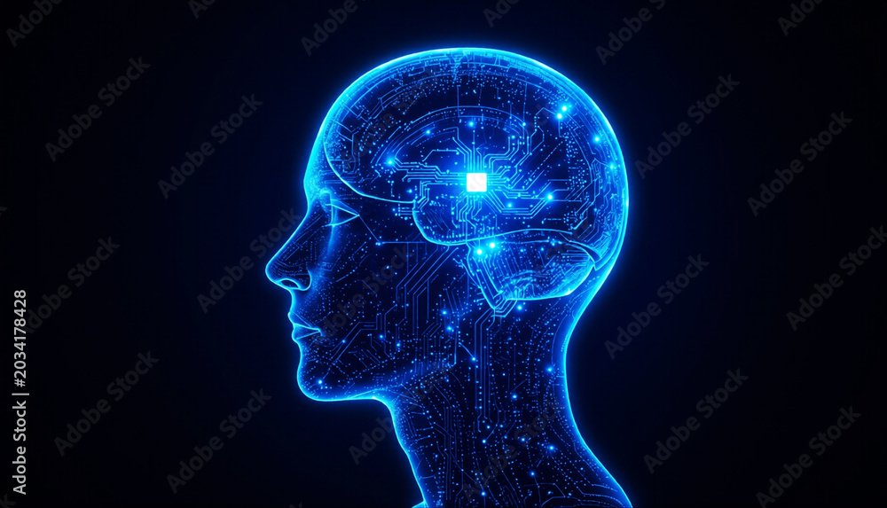 Fototapeta premium Futuristic Artificial Intelligence Human Head with Digital Brain Neural Network and Cyber Technology Concept