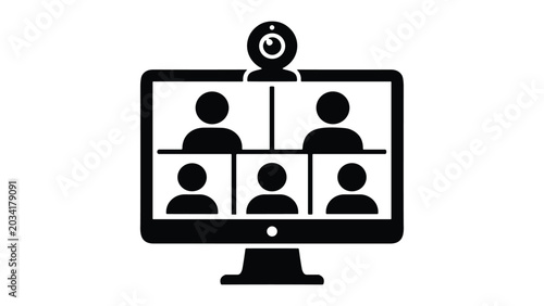 Photos Computer display showing group video call with five participants avatars and webcam