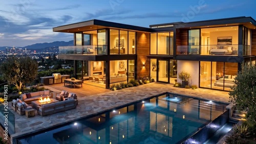 Aerial pan tracking dolly shot of modern villa with infinity pool and lit terrace overlooking city skyline on hillside at dusk