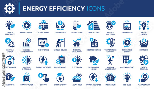 Energy efficiency, green energy, and sustainability icon set. Smart home and ecology vector symbols.