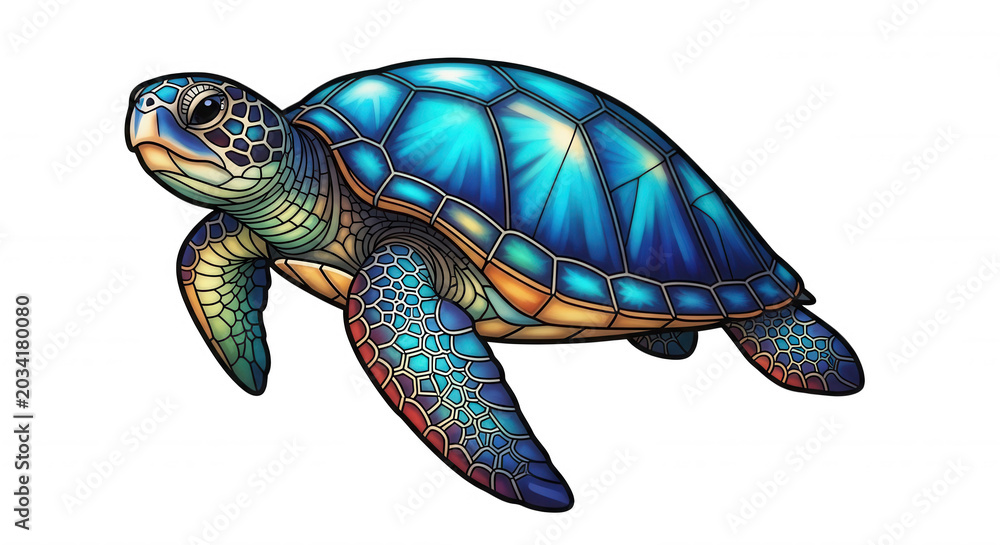 Fototapeta premium Stylized sea turtle with vibrant blue, teal, and orange geometric shell patterns isolated on a solid black background
