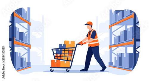 Warehouse worker pushing shopping cart full of boxes between shelves
