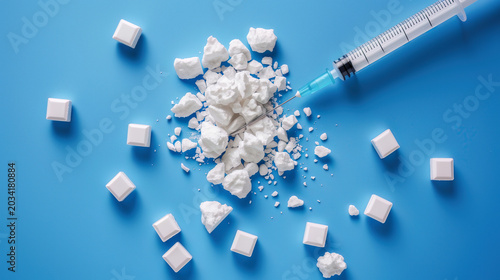 Drug abuse concept with crushed white powder, syringe with blue liquid, and sugar cubes on blue background. Illustrates substance addiction, narcotics, and harmful drug use. Weightloss drug