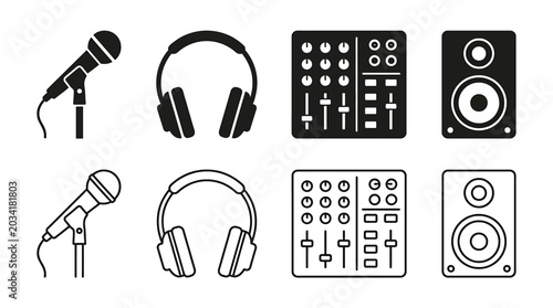 Photos Set of audio recording equipment icons, including microphone, headphones, mixing