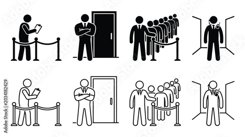 Картината върху платно Set of security guard icons, including bouncer at the door, queue management, an