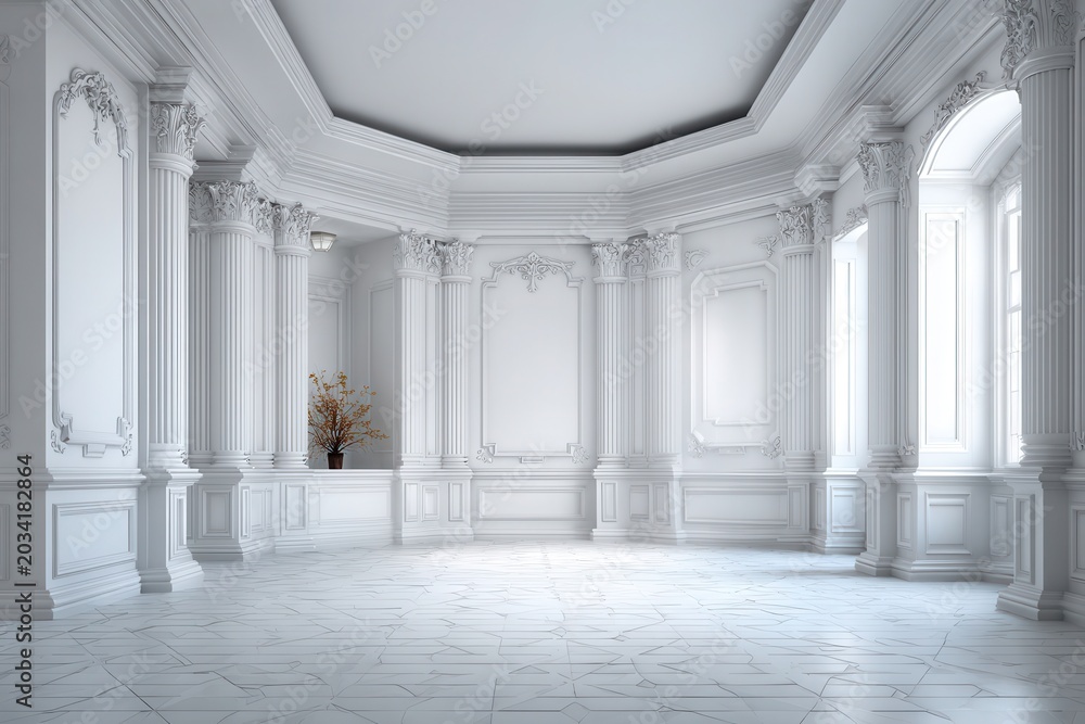 Fototapeta premium Bright white classic room with columns and ornate decorations. Perfect for architectural renders or background with elegant style.