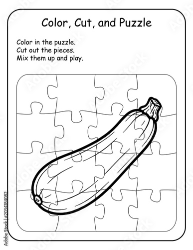 Printable fruits and vegetables coloring puzzle worksheets for preschool and pre-k classrooms. Children color, cut, and rebuild each produce puzzle, building fine motor skills and spatial thinking.