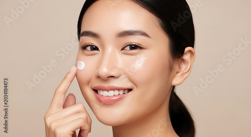 Close-up portrait of asian woman applying face cream with smiling expression, her skin looks