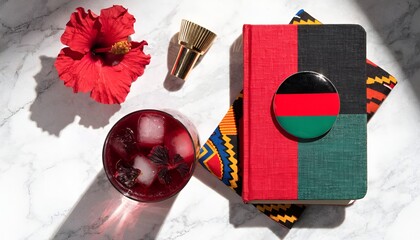 Juneteenth Celebration: Red Drink, Book, and Pan-African Flag Pin on Marble