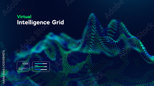Slika na platnu Abstract Digital Landscape With Futuristic Particle Waves And Glowing Data Grid