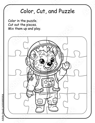 Space-themed printable coloring puzzle worksheets for preschool and kindergarten classrooms. Kids color, cut, and reassemble astronaut animal puzzles, building spatial reasoning and fine motor skills.