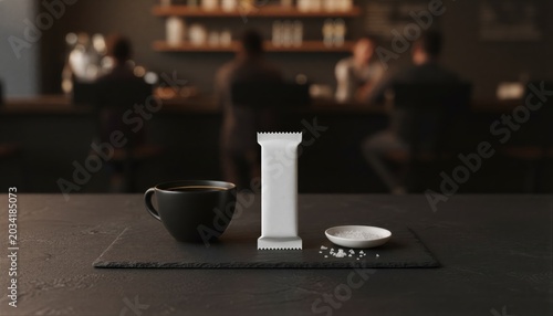 White gourmet snack bar on a dark slate table with black coffee in a moody cafe
