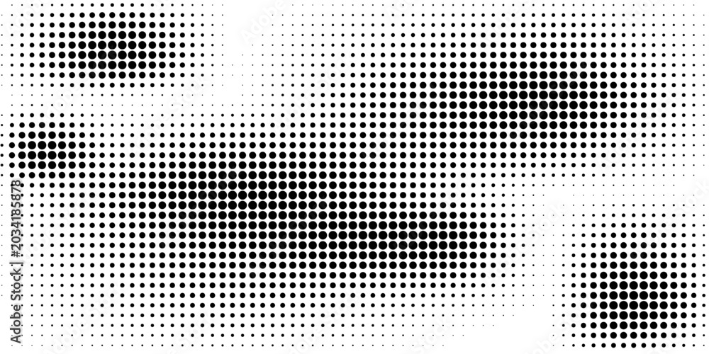 Fototapeta premium Dotted gradient vector illustration, white and black halftone background, horizontal seamless dotted lines, monochrome dots texture backdrop, retro effect. modern