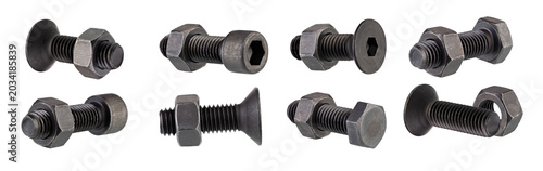 Fotografie Set of three types of black hardened bolts with nuts isolated on white