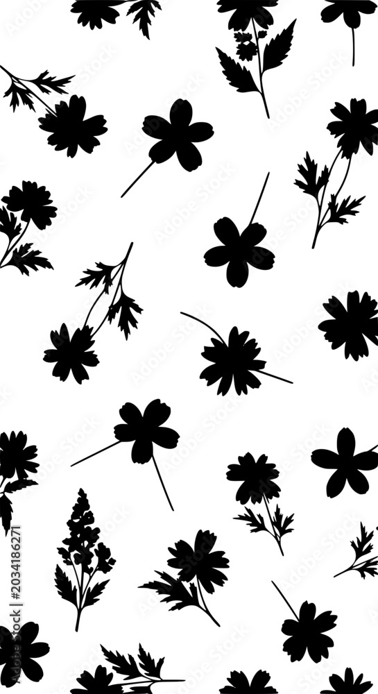 Fototapeta premium Black and White Floral Silhouette Pattern Background with Various Wildflowers and Leaves