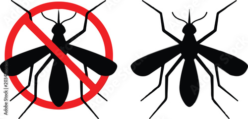 Bild auf Leinwand Mosquito insect silhouette and prohibition sign for pest control and malaria prevention set
