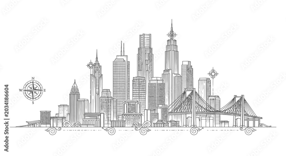 Fototapeta premium Detailed hand-drawn city skyline illustration with modern skyscrapers, bridges, and a compass rose. Urban architectural sketch.