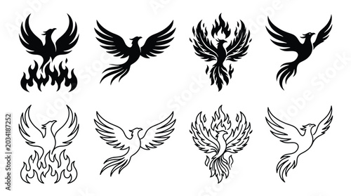Konstfotografi Set of phoenix bird silhouettes and line art icons